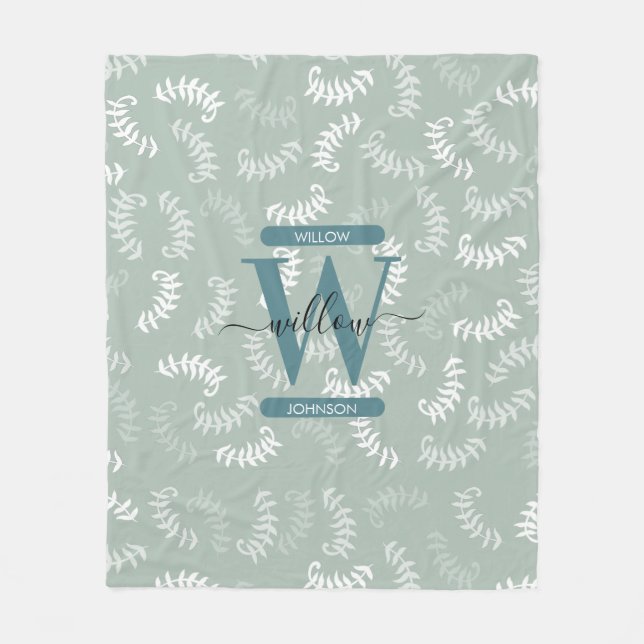 Teal Green Botanical Leaves Monogram Fleece Blanket (Front)
