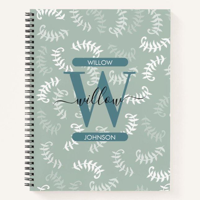 Teal Green Botanical Leaves Monogram Notebook (Front)