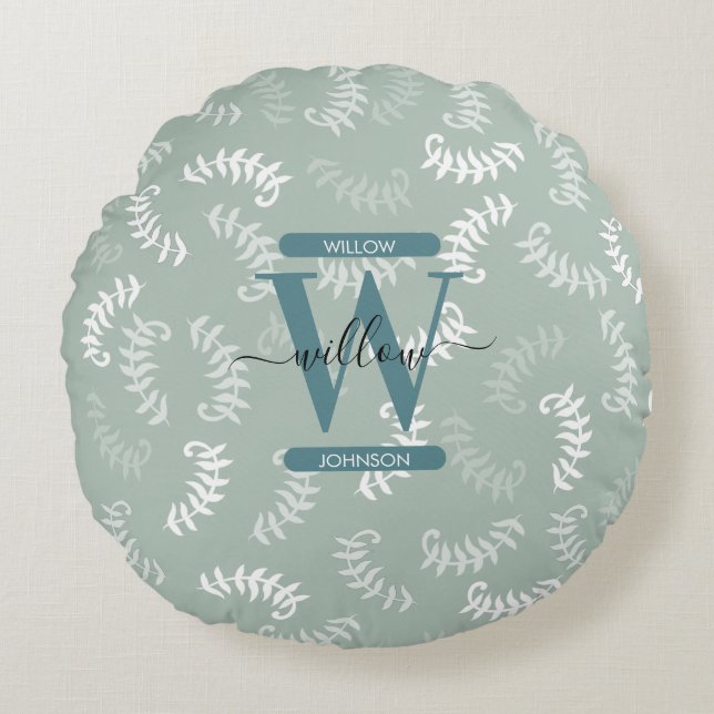 Teal Green Botanical Leaves Monogram  Round Pillow (Front)