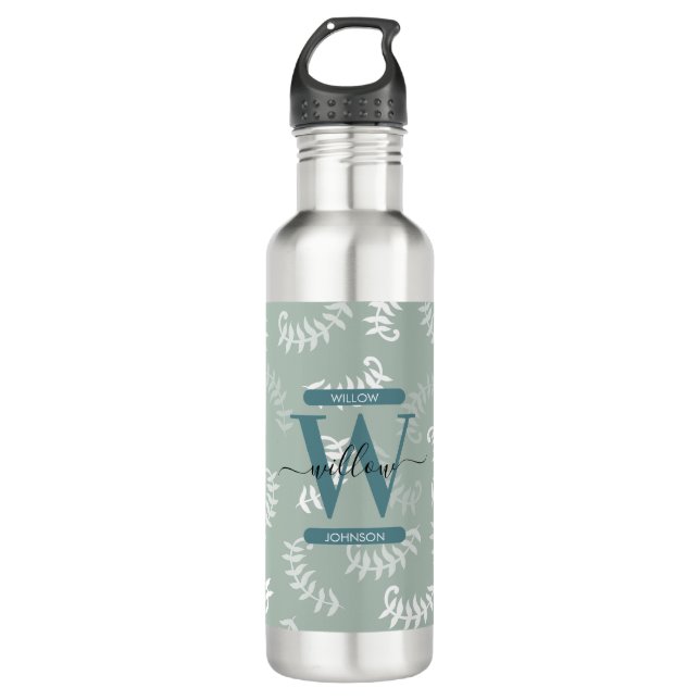 Teal Green Botanical Leaves Monogram  Stainless Steel Water Bottle (Front)