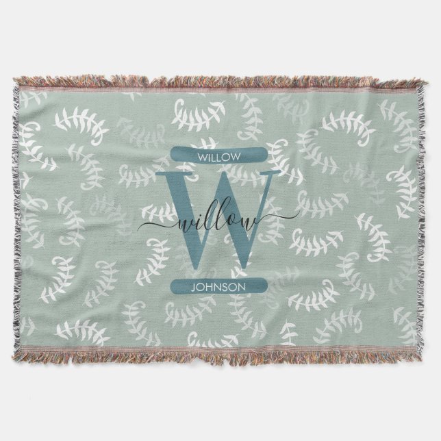 Teal Green Botanical Leaves Monogram  Throw Blanket (Front)