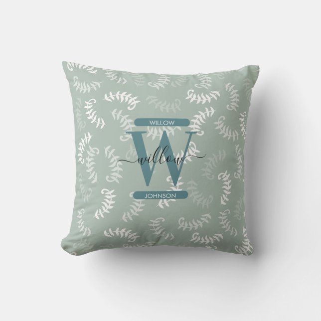 Teal Green Botanical Leaves Monogram  Throw Pillow (Front)