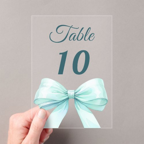 Teal green bow acrylic table number sign