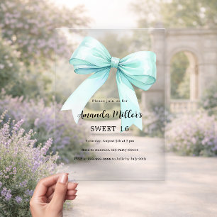 Teal green bow cream clear Sweet 16 Acrylic Invitations
