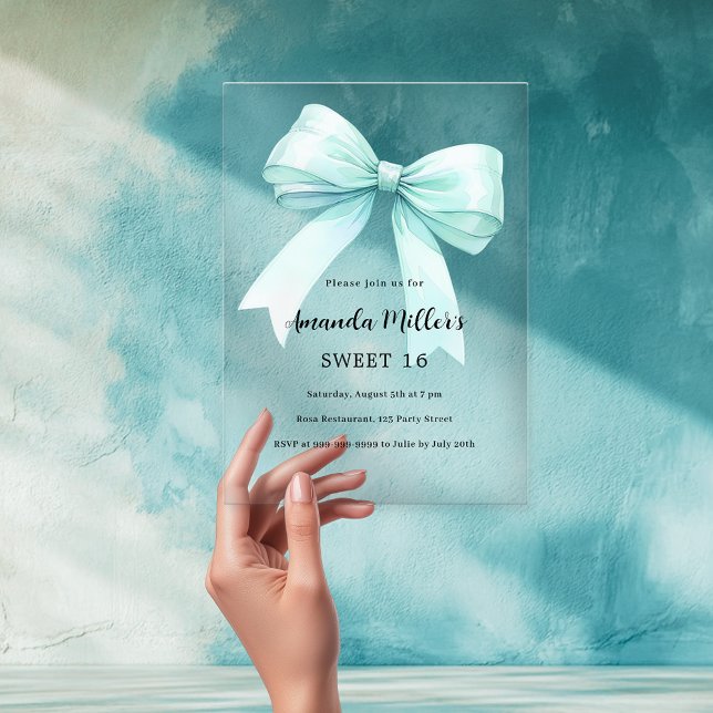 Teal green bow cream clear Sweet 16 Acrylic Invitations (Creator Uploaded)