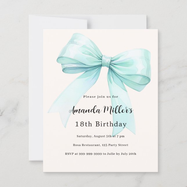 Teal green bow cream elegant birthday invitation (Front)