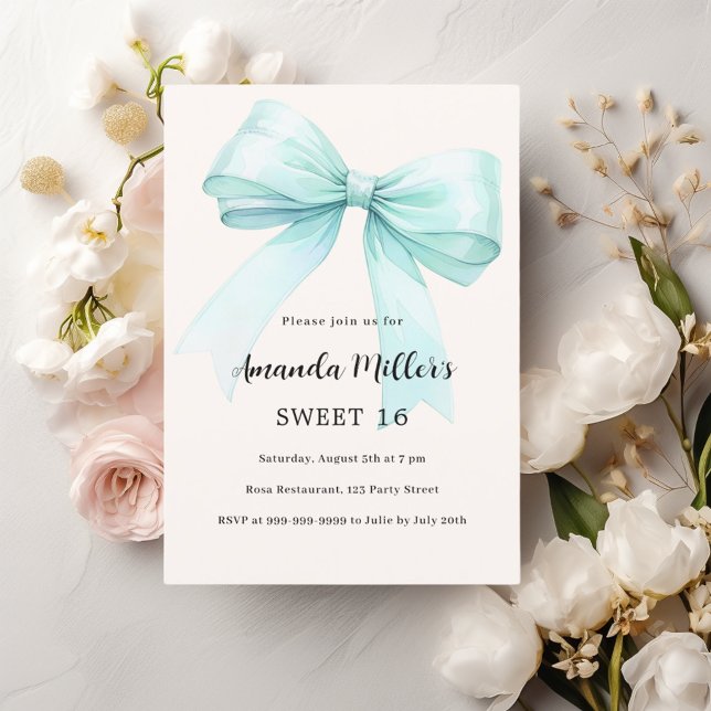 Teal green bow cream elegant Sweet 16 Invitation (Creator Uploaded)