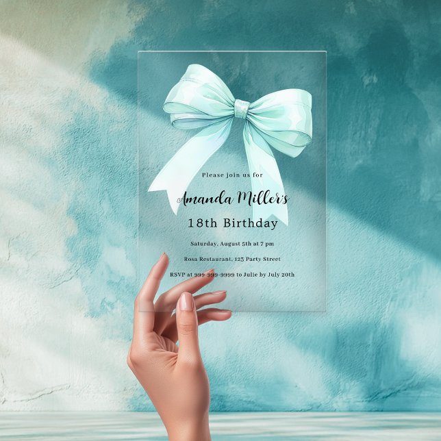 Teal green bow elegant clear birthday acrylic invitations (Creator Uploaded)