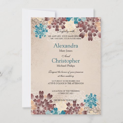 Teal Green, Brown &amp; Ivory Flowers Retro Wedding S3 Personalized Announcement
