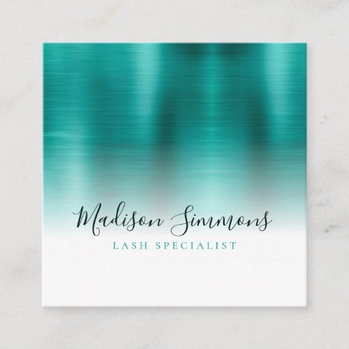 Teal Green Brushed Metal Monogram Elegant Script Square Business Card