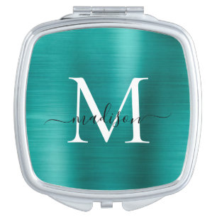 Teal Green Brushed Metal Monogram Girly Script Compact Mirror
