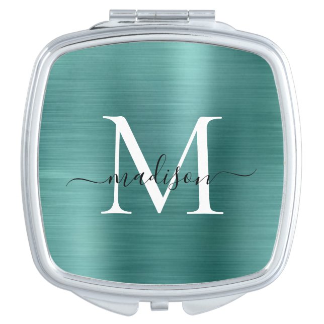 Teal Green Brushed Metal Monogram Girly Script Compact Mirror (Front)
