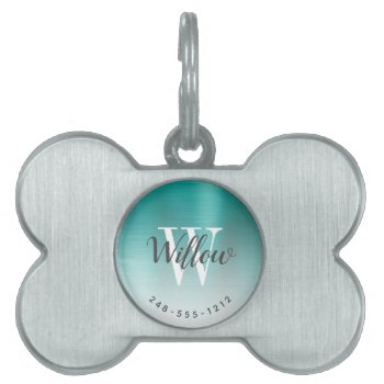 Teal Green Brushed Metal Monogram Ombre Dog Bone Pet Id Tag by ovenbirddesigns at Zazzle
