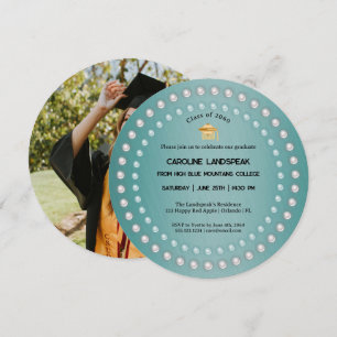 Teal Green Brushed Metal & Pearls Graduation Invitation