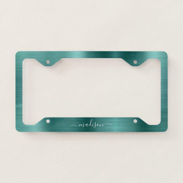 Teal Green Brushed Metallic Foil Monogram Script License Plate Frame (Front)
