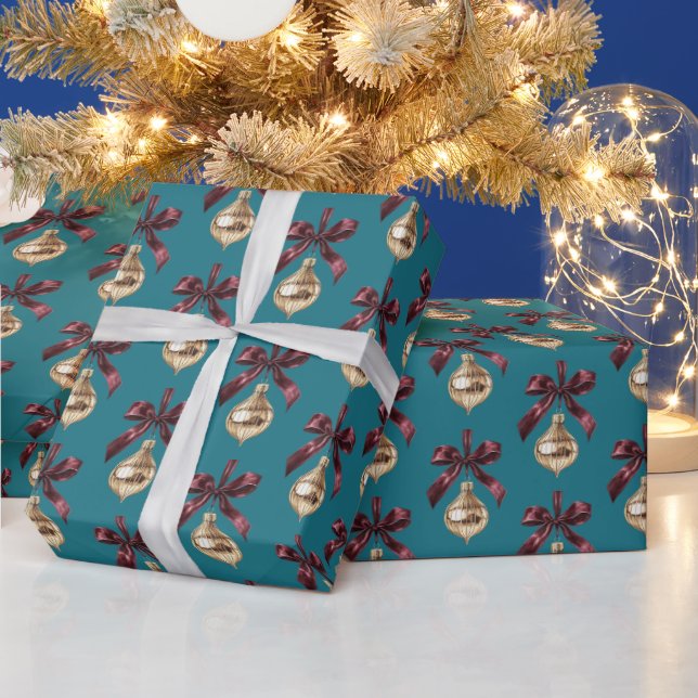 Teal Green Burgundy Bow Gold Ornament Christmas Wrapping Paper (Holidays)