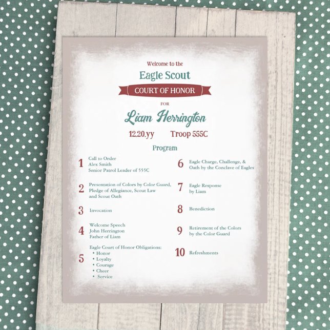 Teal Green, Burgundy Eagle Court of Honor Program Flyer (teal green and burgundy red eagle scout court of honor party ceremony program, event flyer)