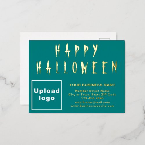 Teal Green Business Brand on Halloween Foil Holiday Postcard