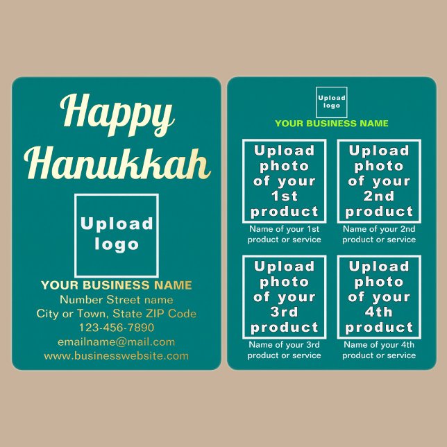 Teal Green Business Brand on Hanukkah Foil Holiday Card (Teal green business brand with products or services on Hanukkah foil holiday card.)