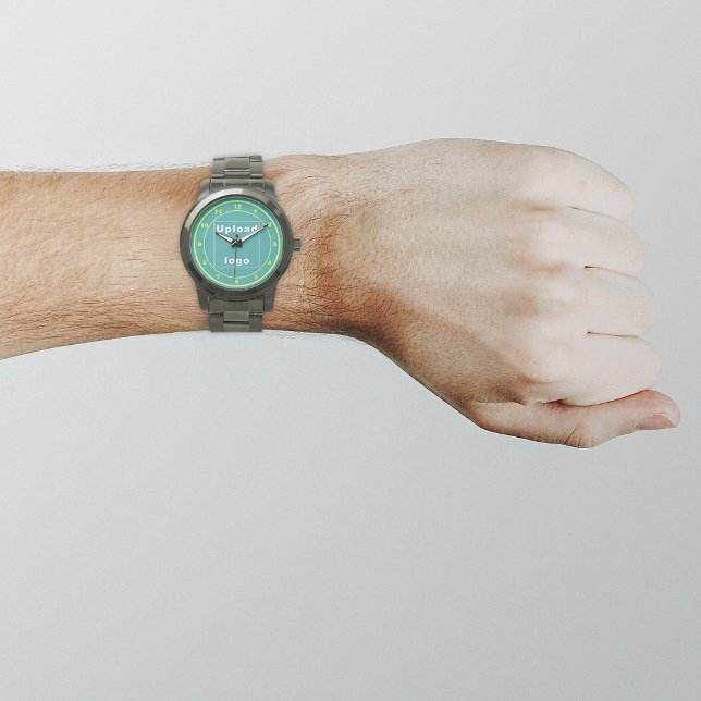 Teal Green Business Brand on Men's Watch (Your business logo with teal green background on men's watch.)