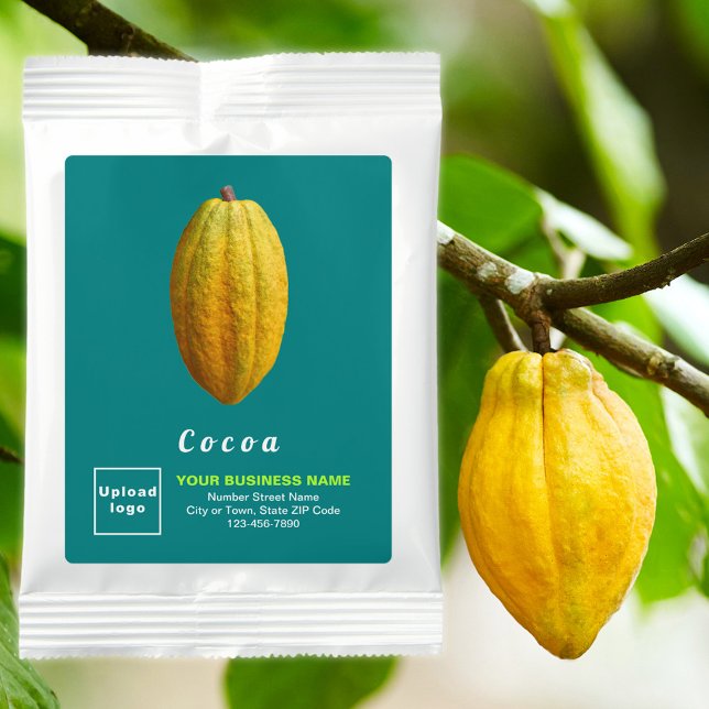 Teal Green Business Branding on Cocoa Drink Mix (Teal green business brand on cocoa drink mix. Drink mix as promotional or giveaway item.)