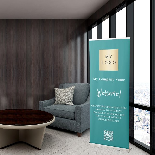 Teal green business logo opening hours QR code Retractable Banner (Creator Uploaded)