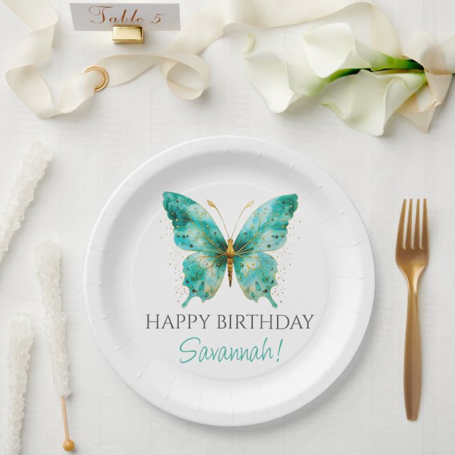 Teal Green Butterfly Birthday Party Paper Plates (Wedding)