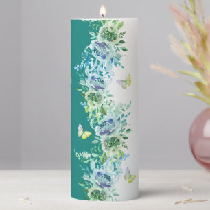 Teal Green Butterfly Botanical Pillar Candle