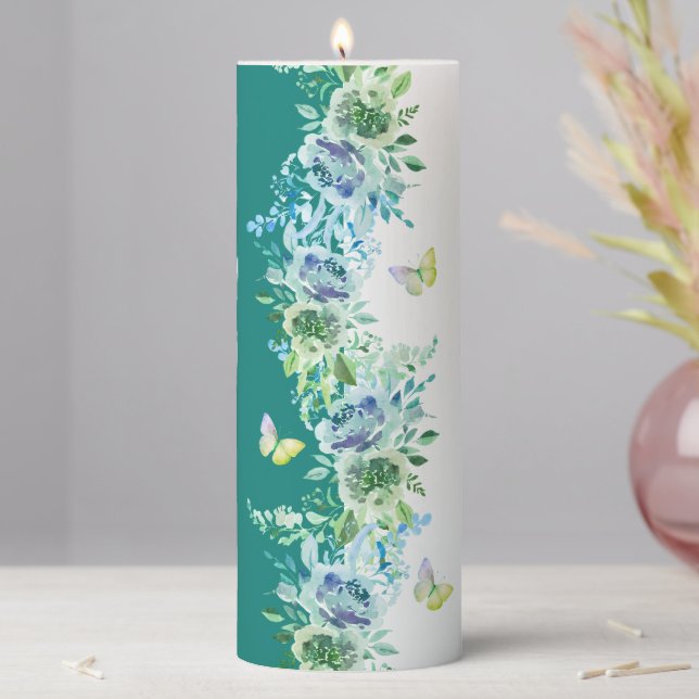 Teal Green Butterfly Botanical Pillar Candle (In Situ)