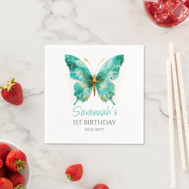 Teal Green Butterfly First Birthday Napkins (Insitu)