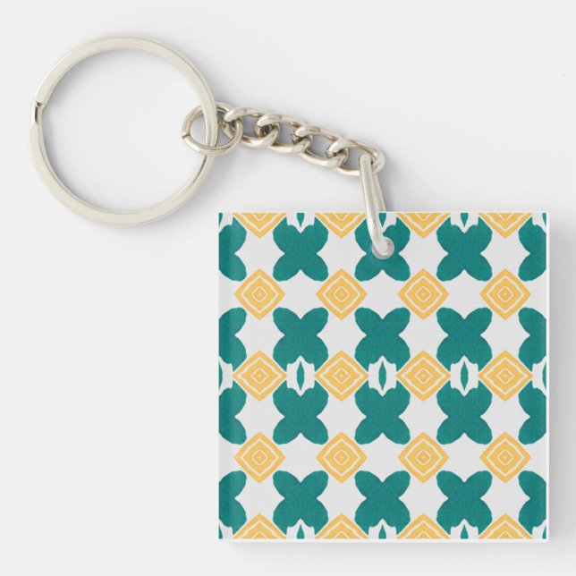  teal-green, butterfly-like shape & yellow diamond keychain (Front)
