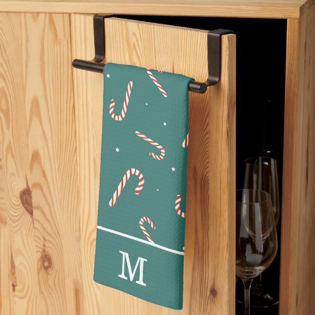 Teal Green Candy Cane Christmas Pattern Monogram Kitchen Towel (Thirds Fold)