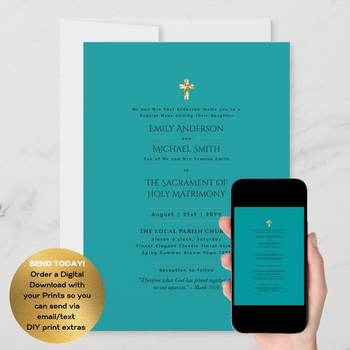 Teal Green  Catholic Nuptial Mass Wedding Invitation