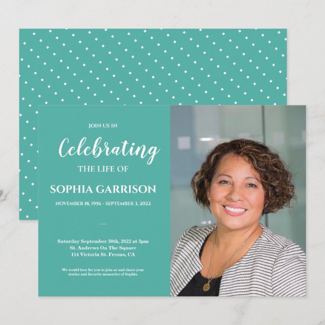 Teal Green Celebration of Life With Photo Funeral Invitation (Front/Back)