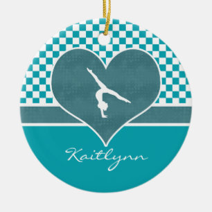 Teal Green Checkered Gymnastics with Monogram Ceramic Ornament