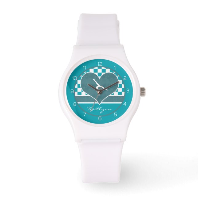 Teal Green Checkered Gymnastics with Monogram Watch (Front)