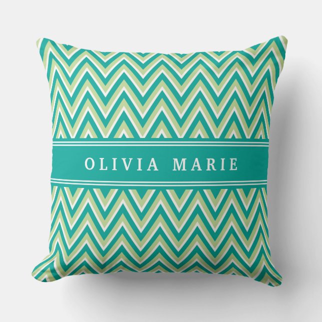Teal Green Chevron Pattern with Name Throw Pillow (Front)