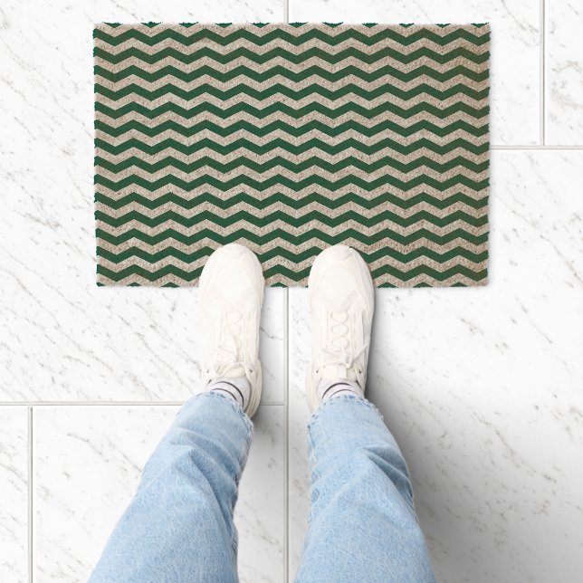 Teal Green Chevron zig zag stripe pattern Fiber Doormat (Insitu)