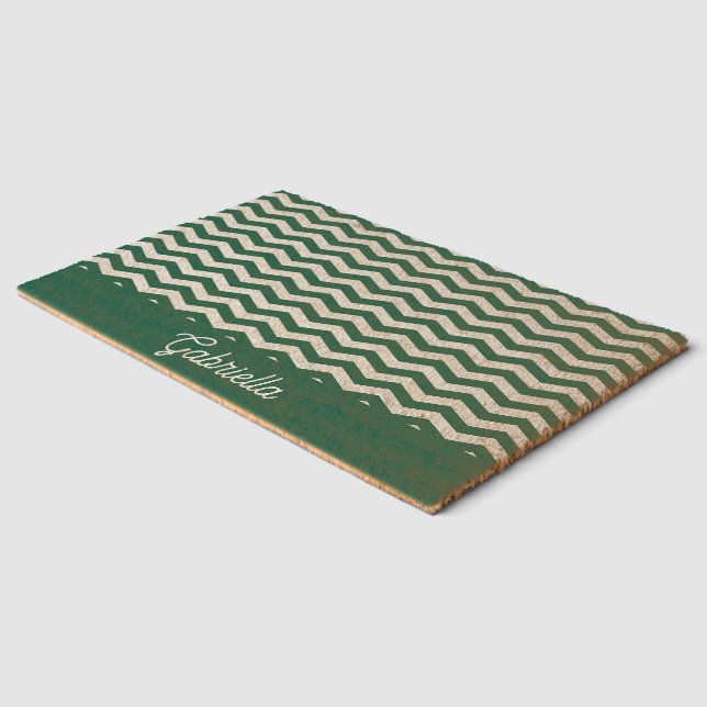 Teal Green Chevron zig zag stripe pattern Fiber Doormat (Corner)