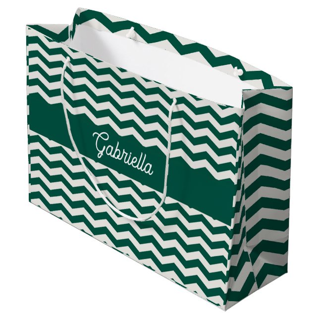 Teal Green Chevron zig zag stripe pattern Large Gift Bag (Back Angled)