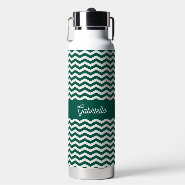 Teal Green Chevron zig zag stripe pattern name Water Bottle (Front)