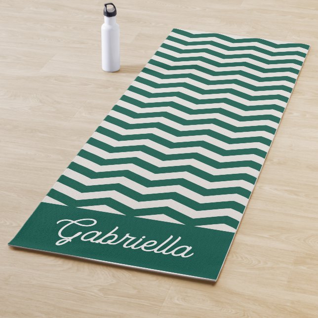 Teal Green Chevron zig zag stripe pattern name Yoga Mat (In Situ)