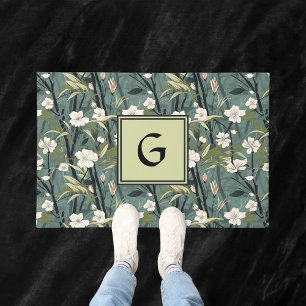 Teal Green Chinoiserie Floral White Initial  Doormat