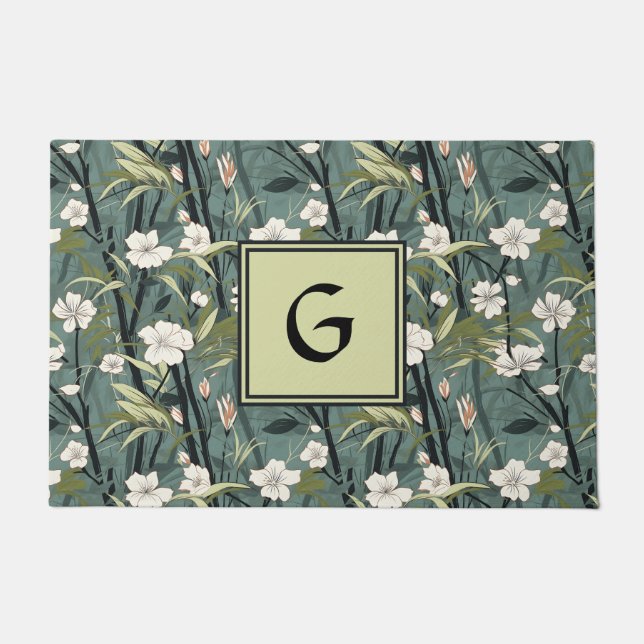 Teal Green Chinoiserie Floral White Initial  Doormat (Front)