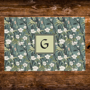 Teal Green Chinoiserie Floral White Initial  Placemat