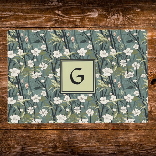 Teal Green Chinoiserie Floral White Initial  Placemat (Creator Uploaded)