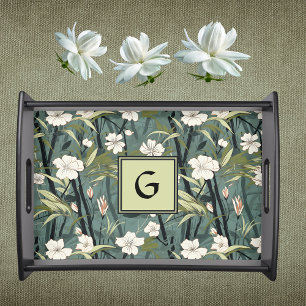 Teal Green Chinoiserie Floral White Initial  Serving Tray