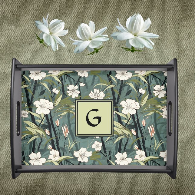 Teal Green Chinoiserie Floral White Initial  Serving Tray (Creator Uploaded)