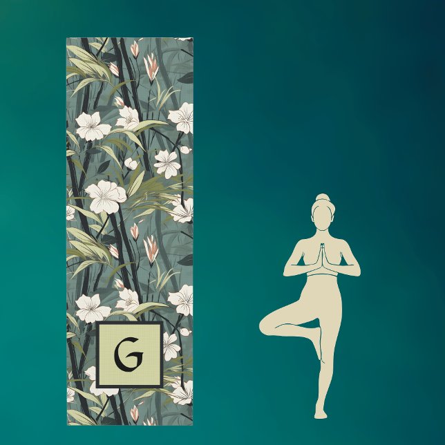 Teal Green Chinoiserie Initial Tropical Floral Yoga Mat (Creator Uploaded)