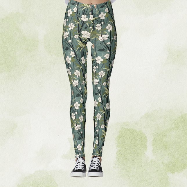 Teal Green Chinoiserie Tropical White Gold Floral Leggings (Creator Uploaded)